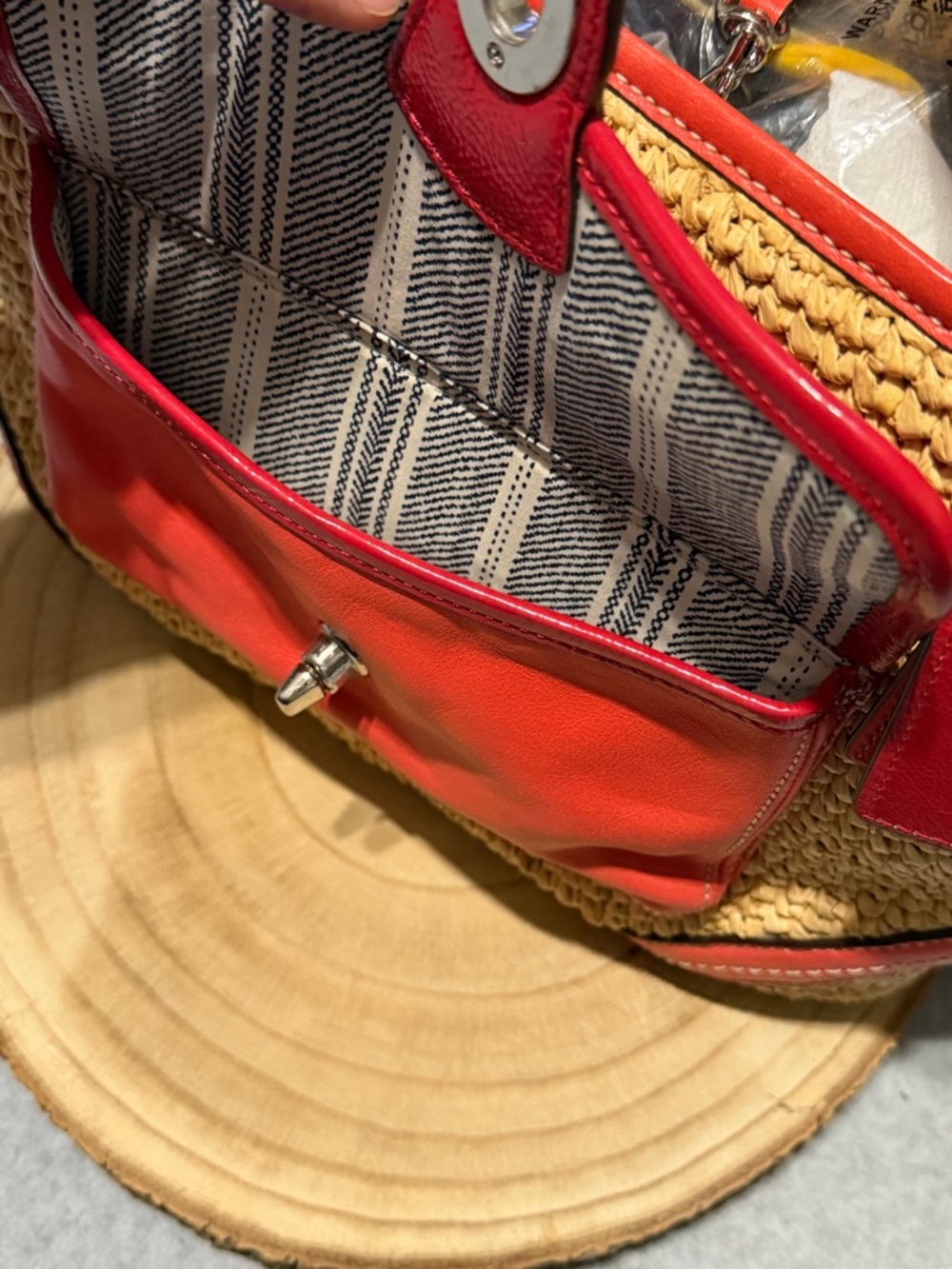 Coach Raffia Straw Tote Bag with Red & Orange Leather Trim Purse - Picture 4 of 15